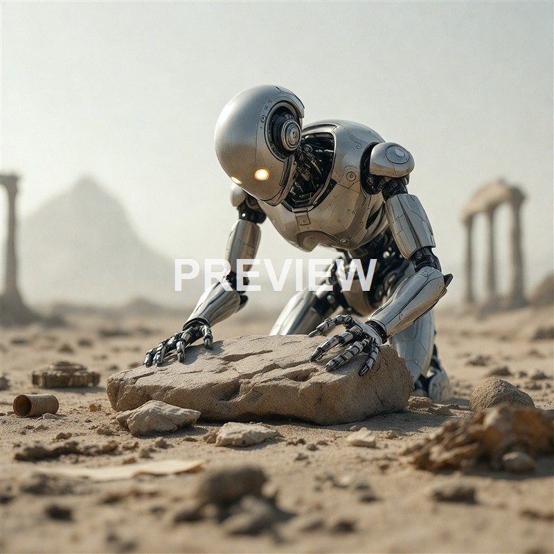 A humanoid robot with a sleek, metallic design is kneeling on the sandy ground, pressing its hands on a large rock in a desert-like environment with ancient ruins in the background.